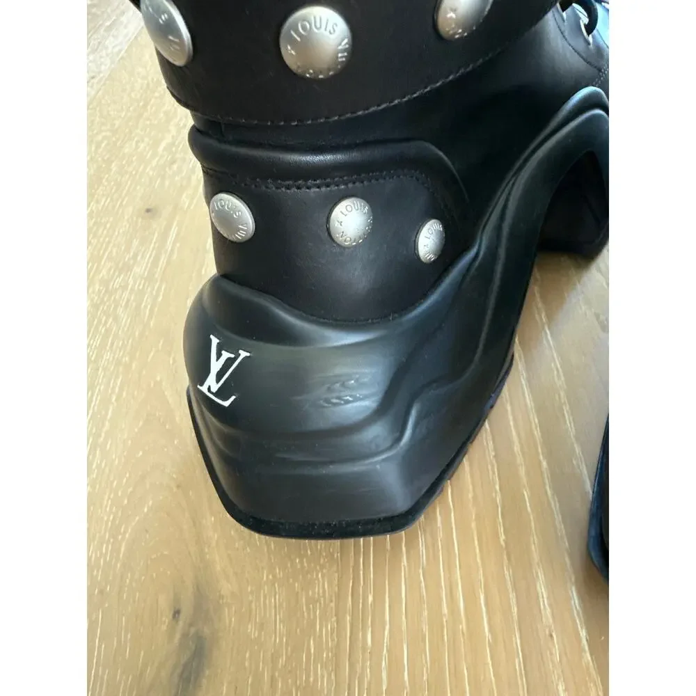 Louis Vuitton Leather Studded Accents Combat Boots w Chains Size 37 Black Silver